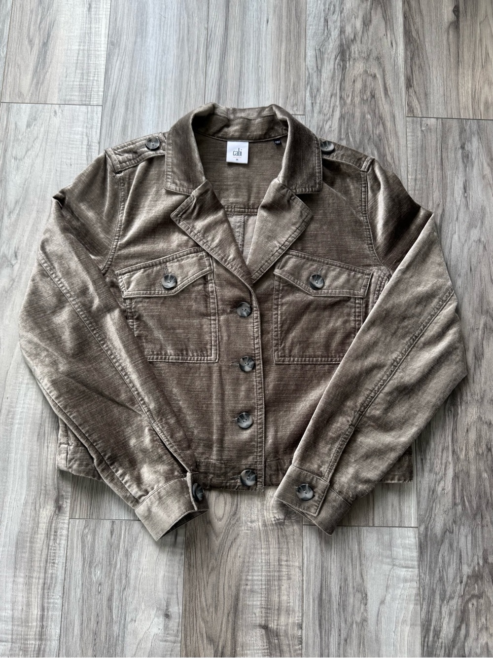 CAbi Cropped Velour Military Jacket in Brownish Silver